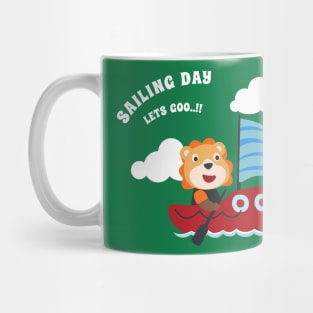 Funny lion sailor cartoon vector on little boat with cartoon style. Mug